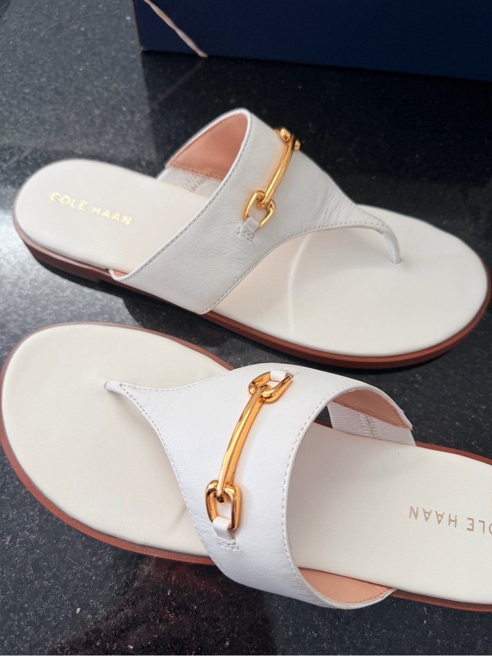 Cole Haan White Leather Thong Sandals with Gold Horsebit